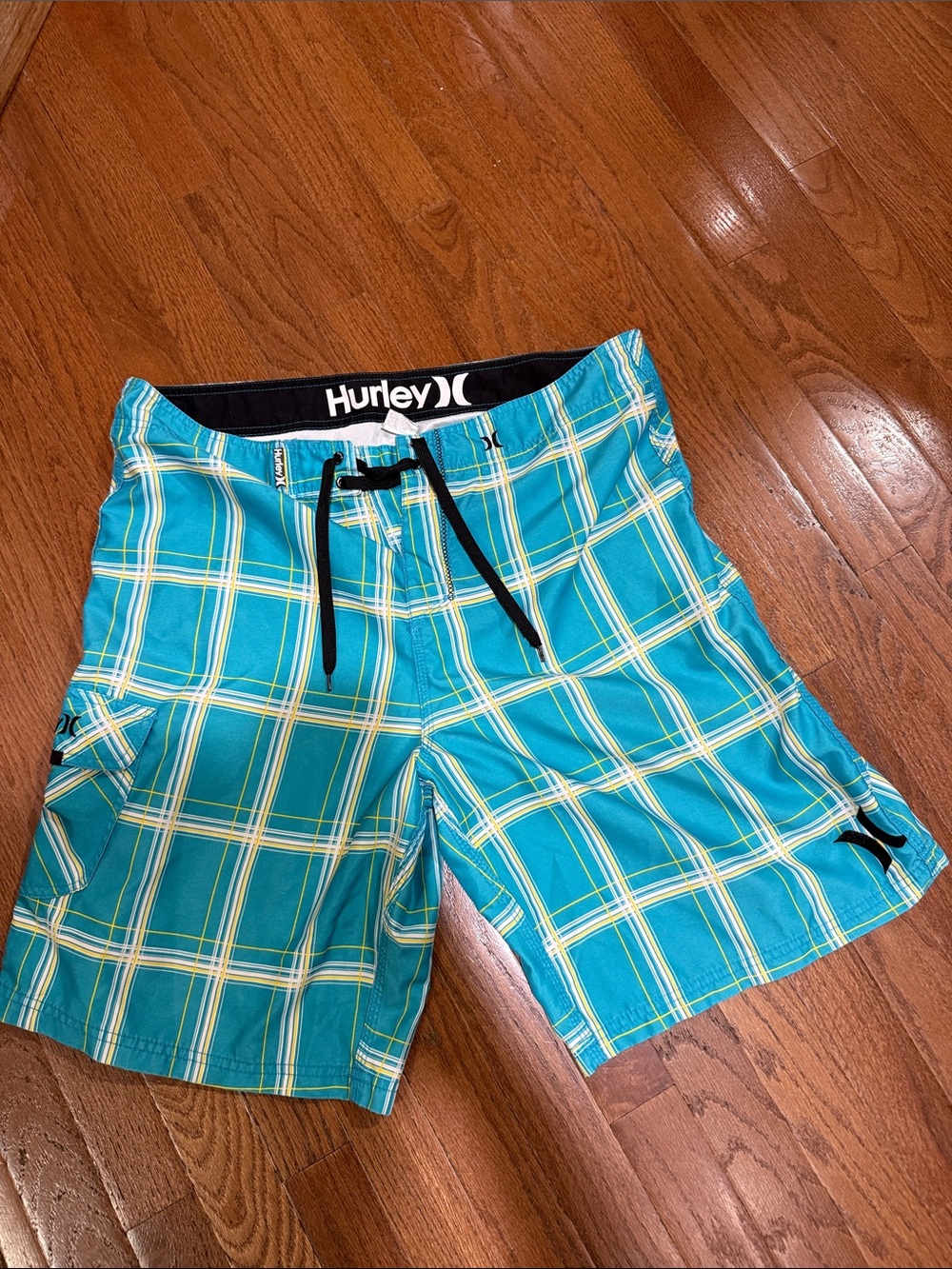 Hurley Men's Teal and Yellow Plaid Hybrid Shorts